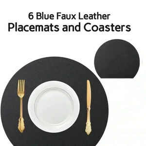 Set/6 Faux Leather Placemats Blue Double Sided Heat Resistant Semi Circle NIB